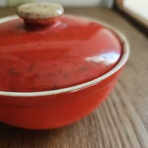Vintage 1940s Glossy Red Ceramic Lidded Bowl By UNIVERSAL CAMBRIDGE